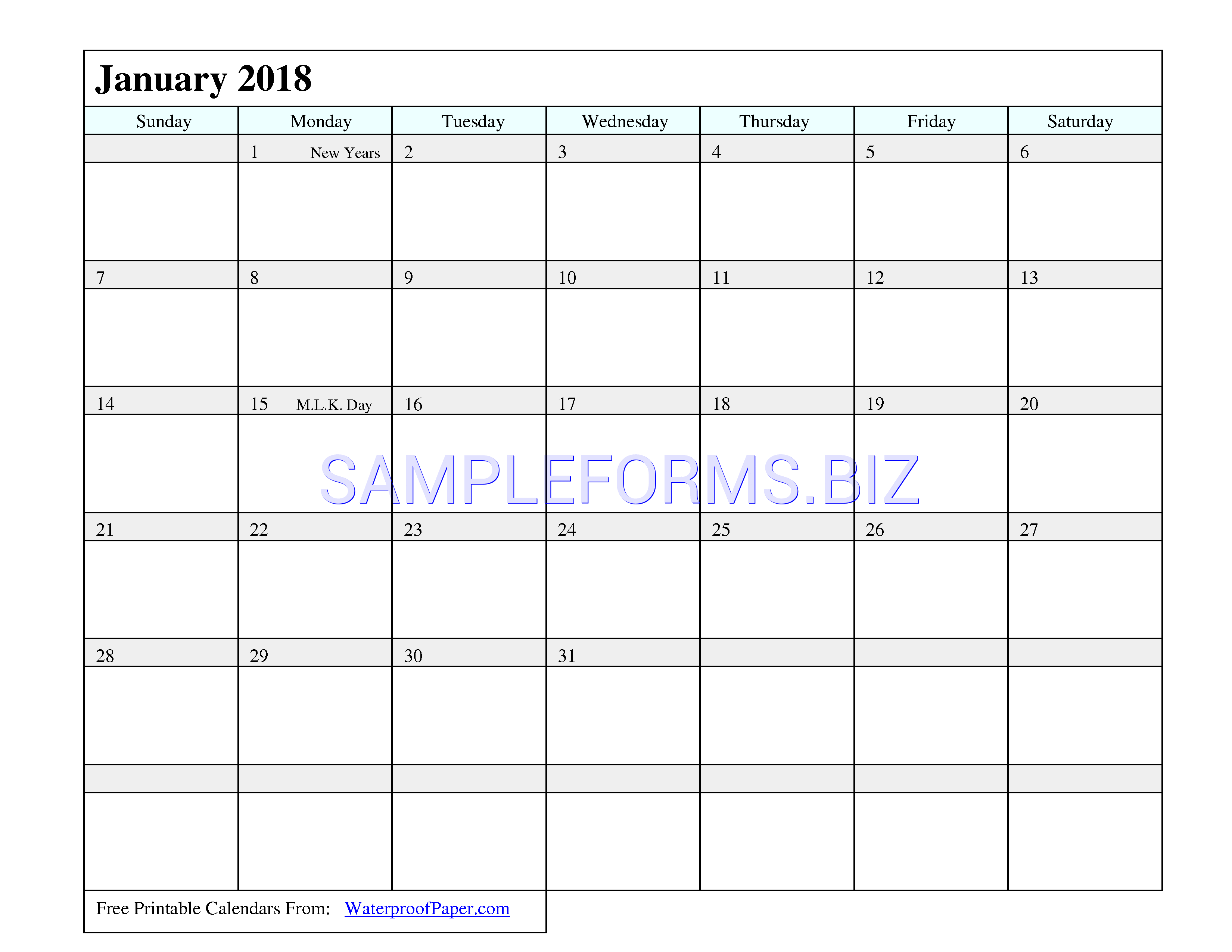 Preview free downloadable 2018 Monthly Calendar 1 in PDF (page 1)
